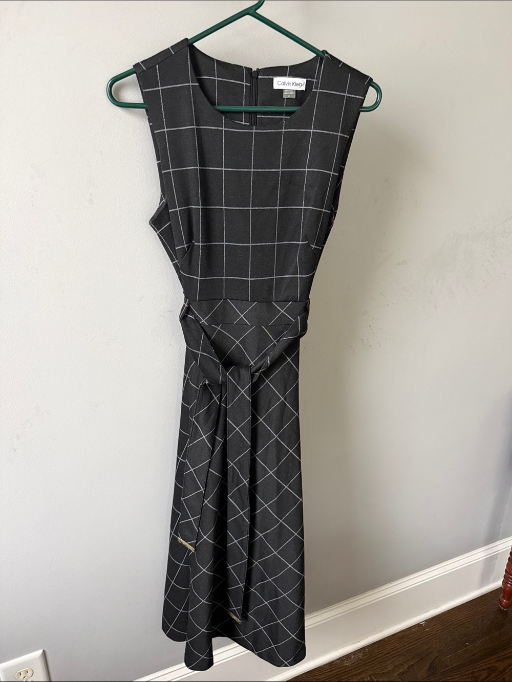 Calvin Klein Black Windowpane Tie-Waist Midi Dress